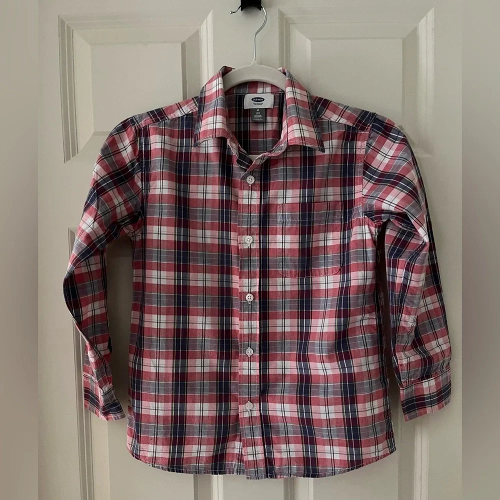 Old Navy Boys plaid button down long sleeve shirt, size 8 pink/blue